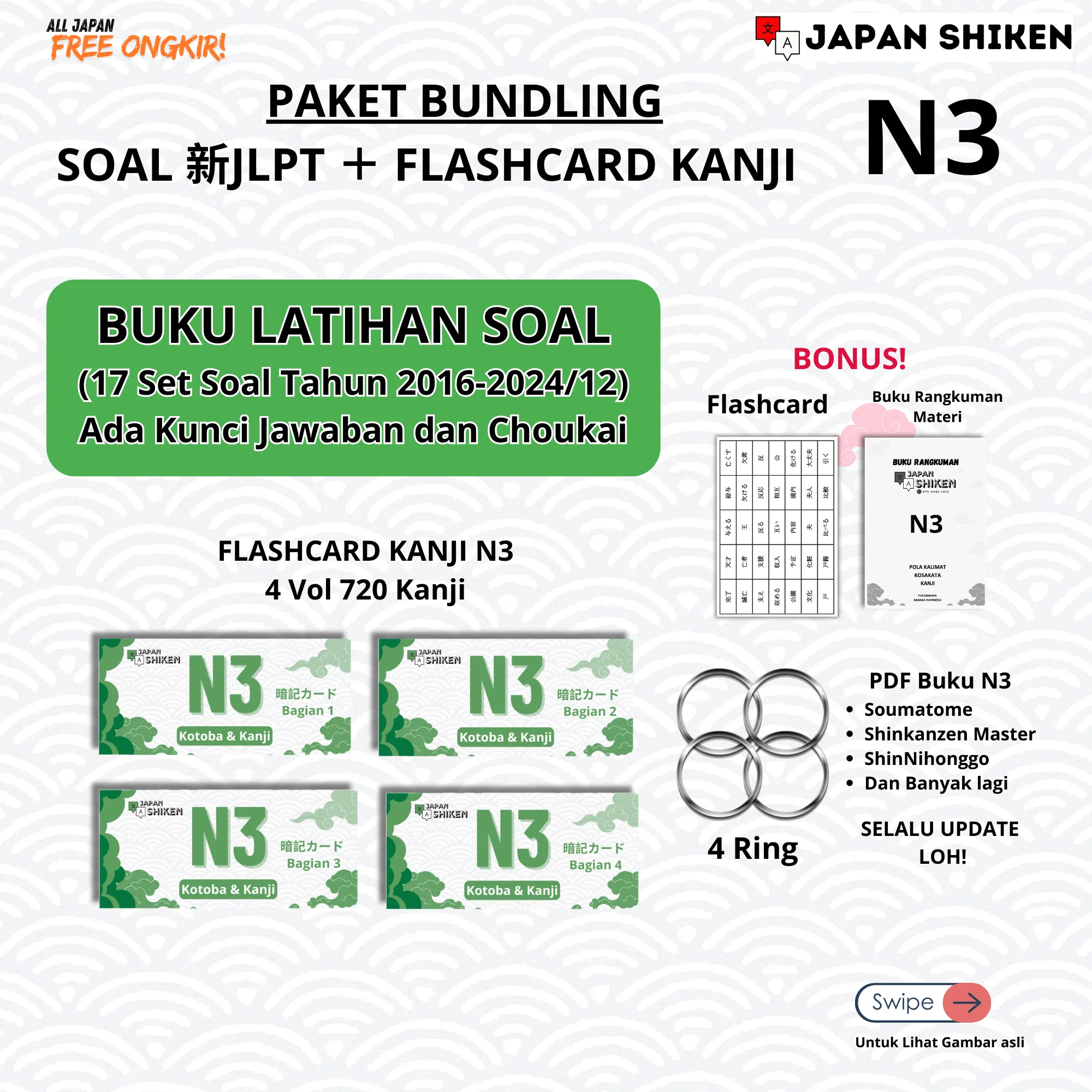 PAKET SOAL 新JLPT N3 + FLASHCARD KANJI N3