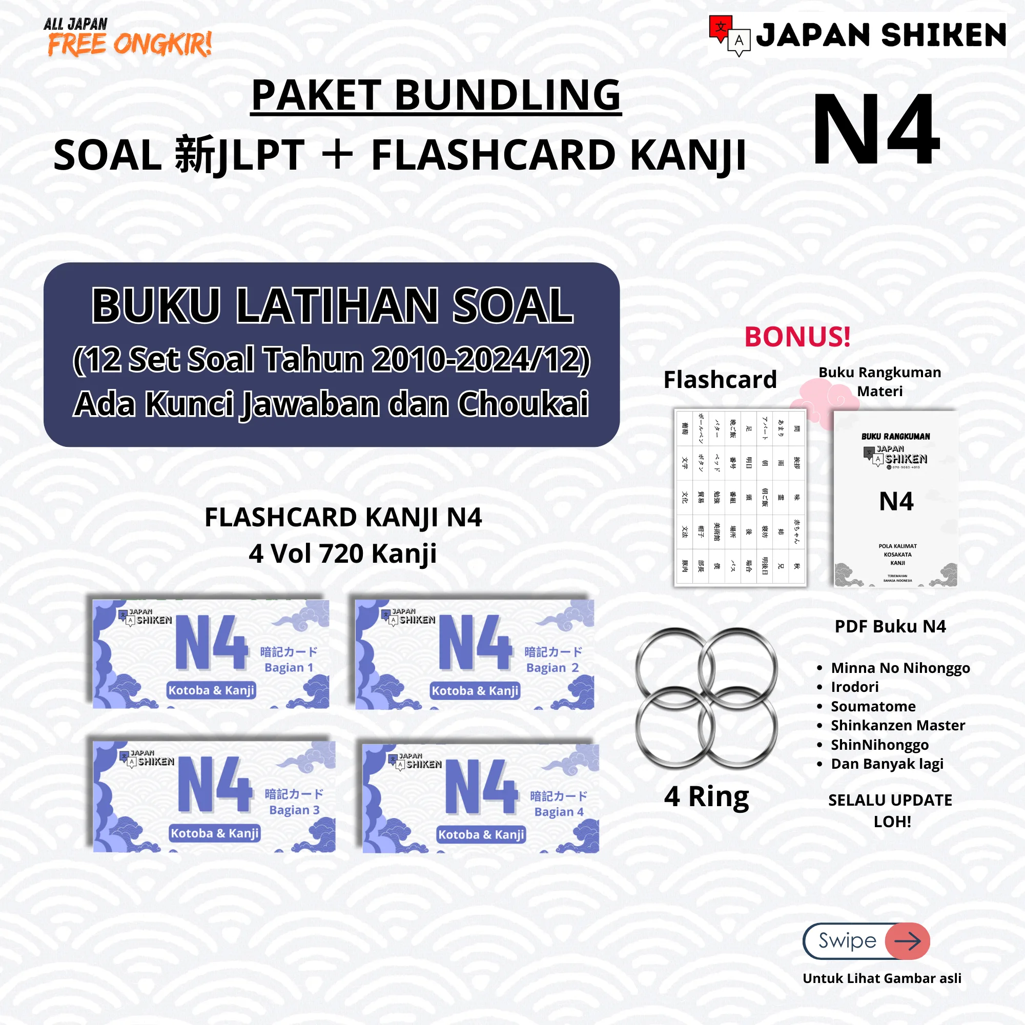 PAKET SOAL 新JLPT N4 + FLASHCARD KANJI N4